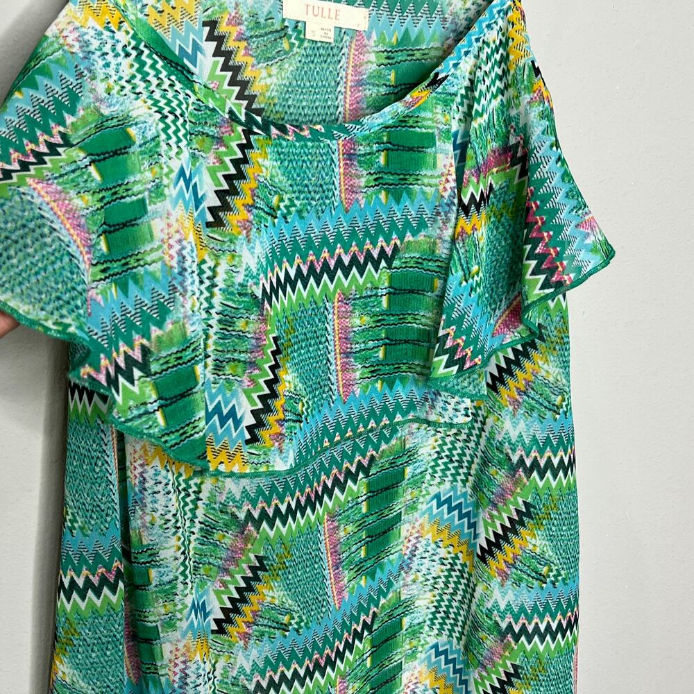 Tulle Green Geometric Print Ruffle Tank Size‎ Small